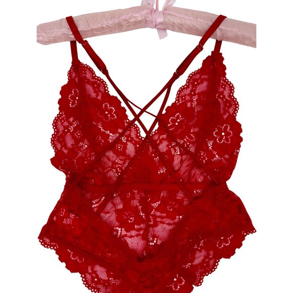 Red Lace V-Neck Strappy Back Thong Croquette Devilcore Bodysuit Lingerie - Picture 5 of 12